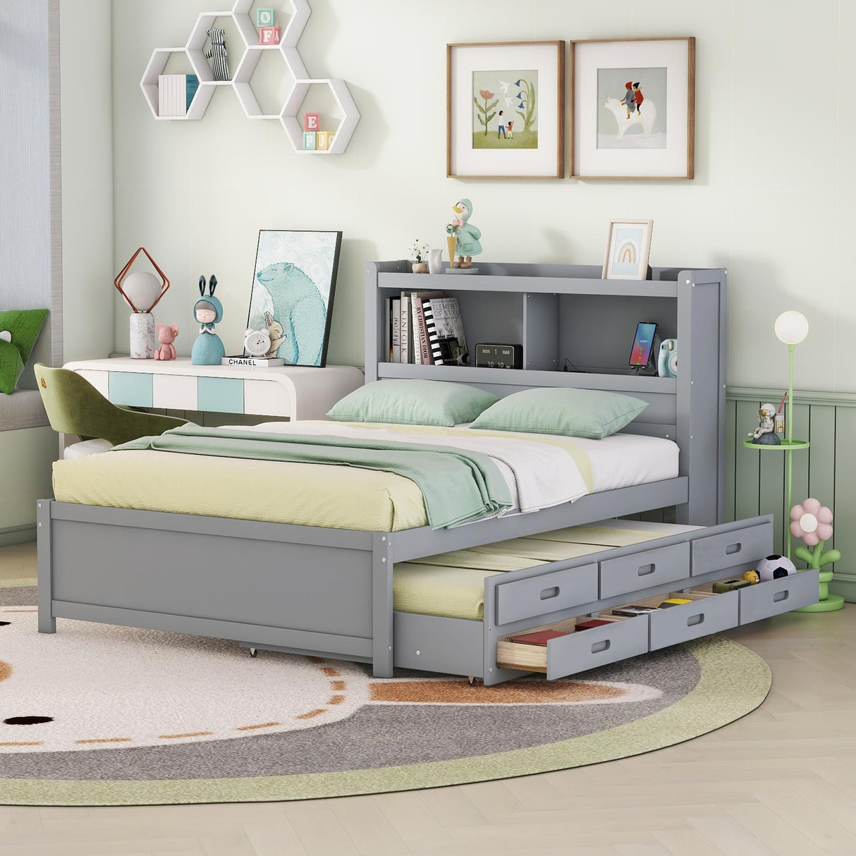 Harper & Bright Designs Grey Full Size Bed with Trundle, Bookcase Headboard, and USB Charging Station Harper & Bright Designs