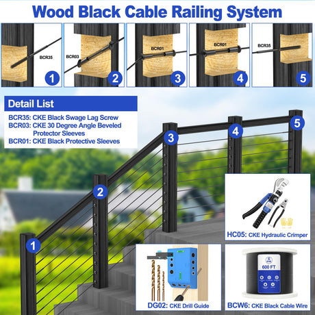 CKE 120 Pack T316 Black Stainless Steel Protector Sleeves for 1/8" Cable Deck Railing Kit System, Black Cable Railing Protector Sleeve for Wood Posts CKE