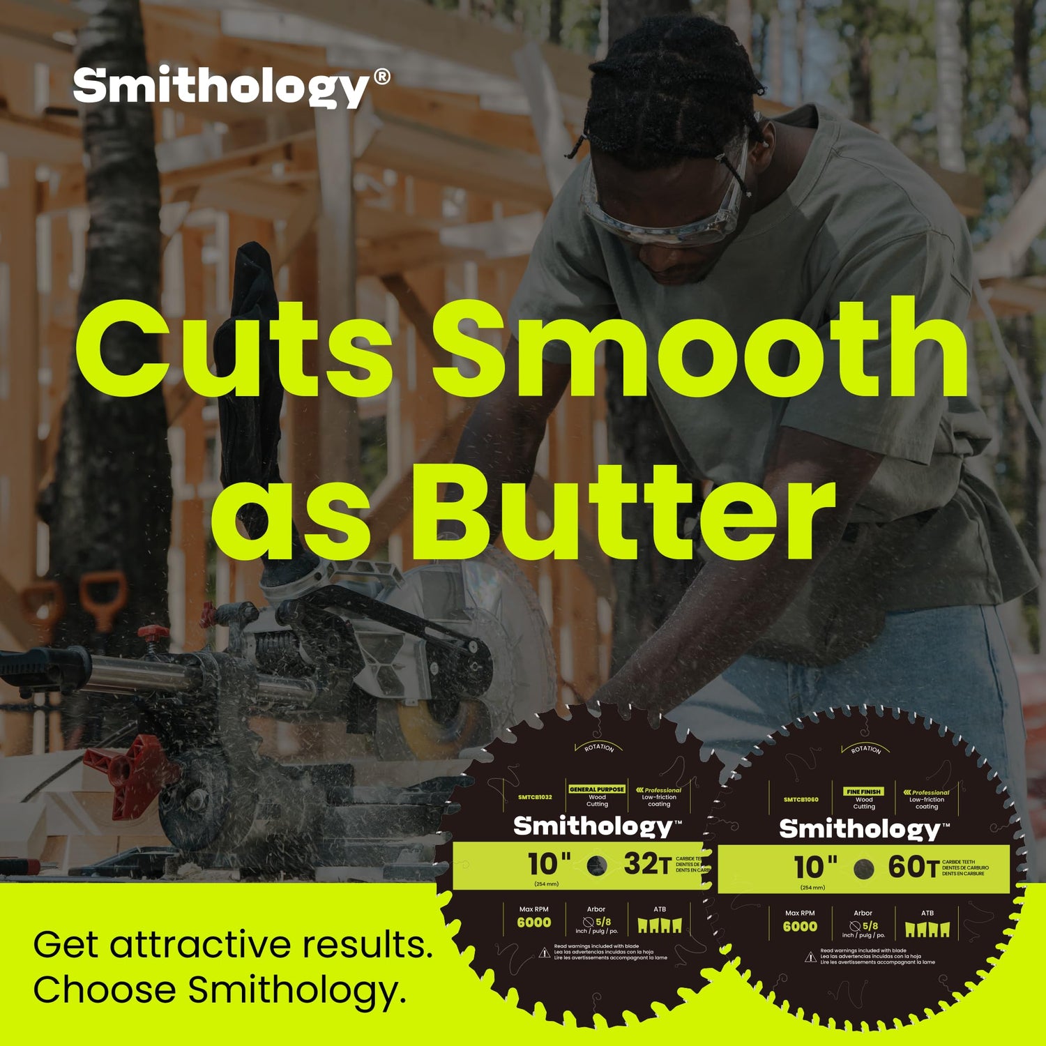 Smithology 10 Inch Table Saw Blades – 2 Pack | ATB 32 Tooth & 60 Tooth | Carbide Tipped | Thin Kerf | for Wood Crosscutting, Ultra Fine Finishing | Smithology