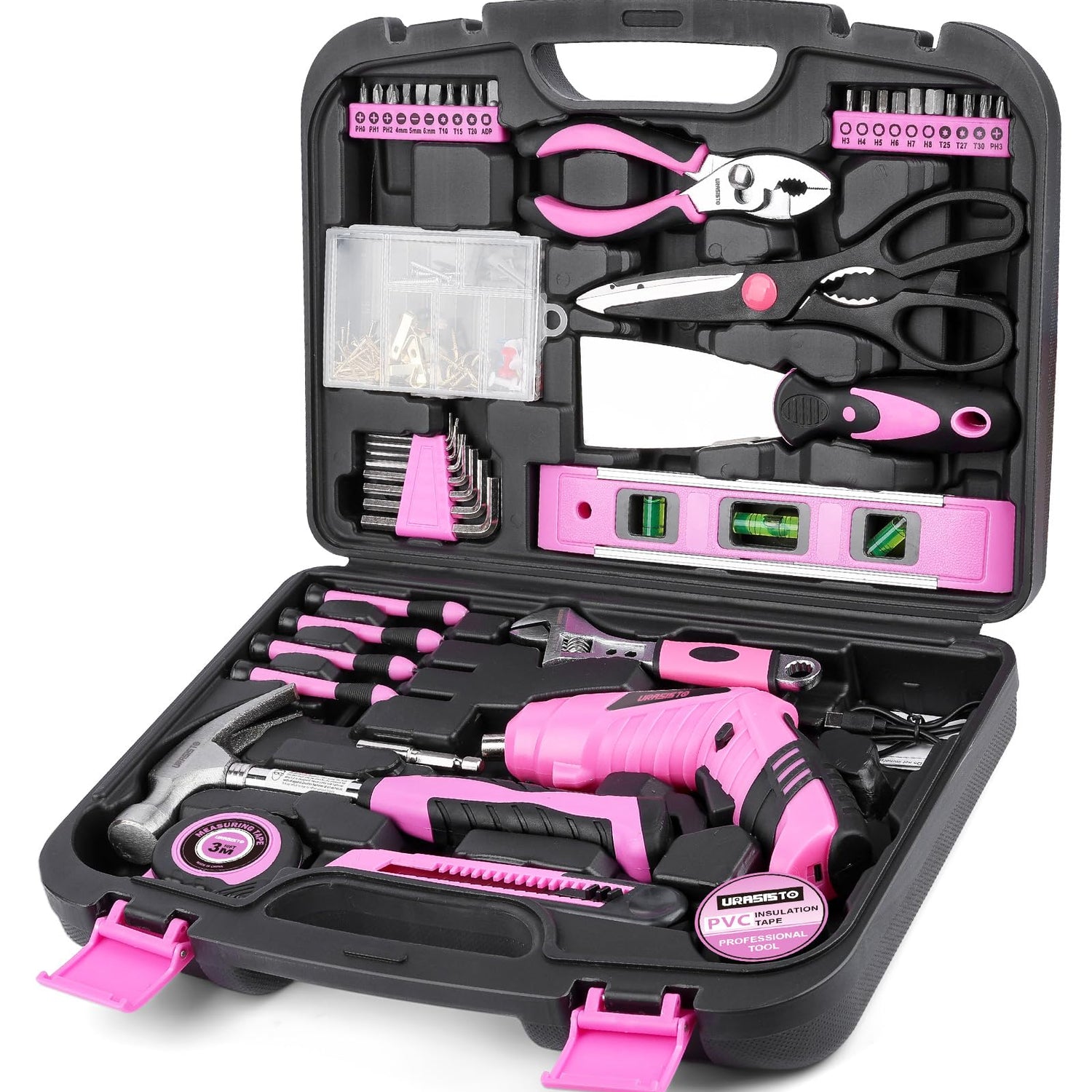 URASISTO Pink Household Tool Set with Drill, 136 PCS Home Tool Kit with 3.6V Cordless Lithium-ion Drill Driver, Hand Tool Kits for Women URASISTO
