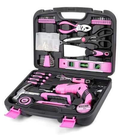 URASISTO Pink Household Tool Set with Drill, 136 PCS Home Tool Kit with 3.6V Cordless Lithium-ion Drill Driver, Hand Tool Kits for Women