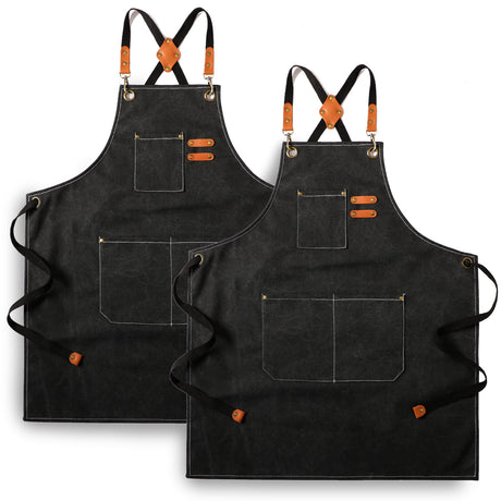 Tosewever 2 Pack Canvas Cross Back Chef Apron for Men Women with Pockets, Cotton Tool Aprons for Cooking Kitchen BBQ Artist (Black, 2 Pack) Tosewever