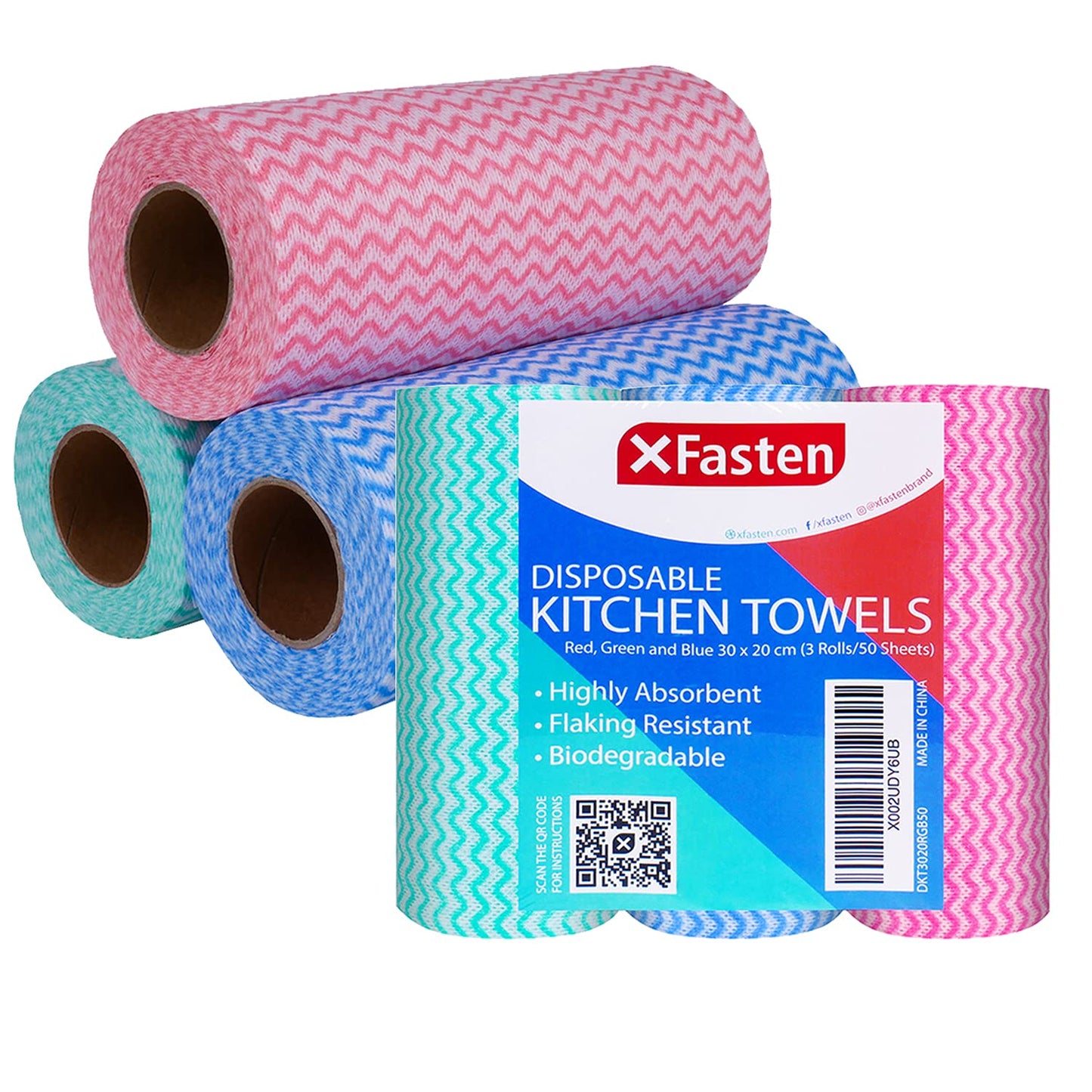 XFasten Disposable Kitchen Towels, 11.8 inches x 7.87 inches, Set of 3 (Red, Green, Blue 150 Total Sheets) Washable and Reusable Cleaning Cloths |