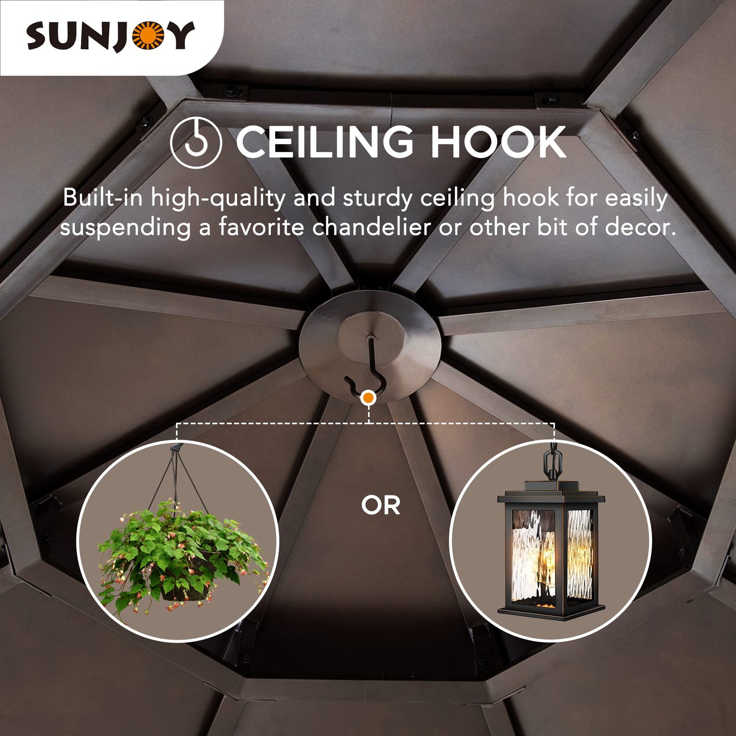 Sunjoy Ion Collection 13 x 13 ft. Cedar Framed Octagon Wood Gazebo with Brown Double Tiered Steel Hardtop Roof and Ceiling Hook for Garden, Backyard Sunjoy