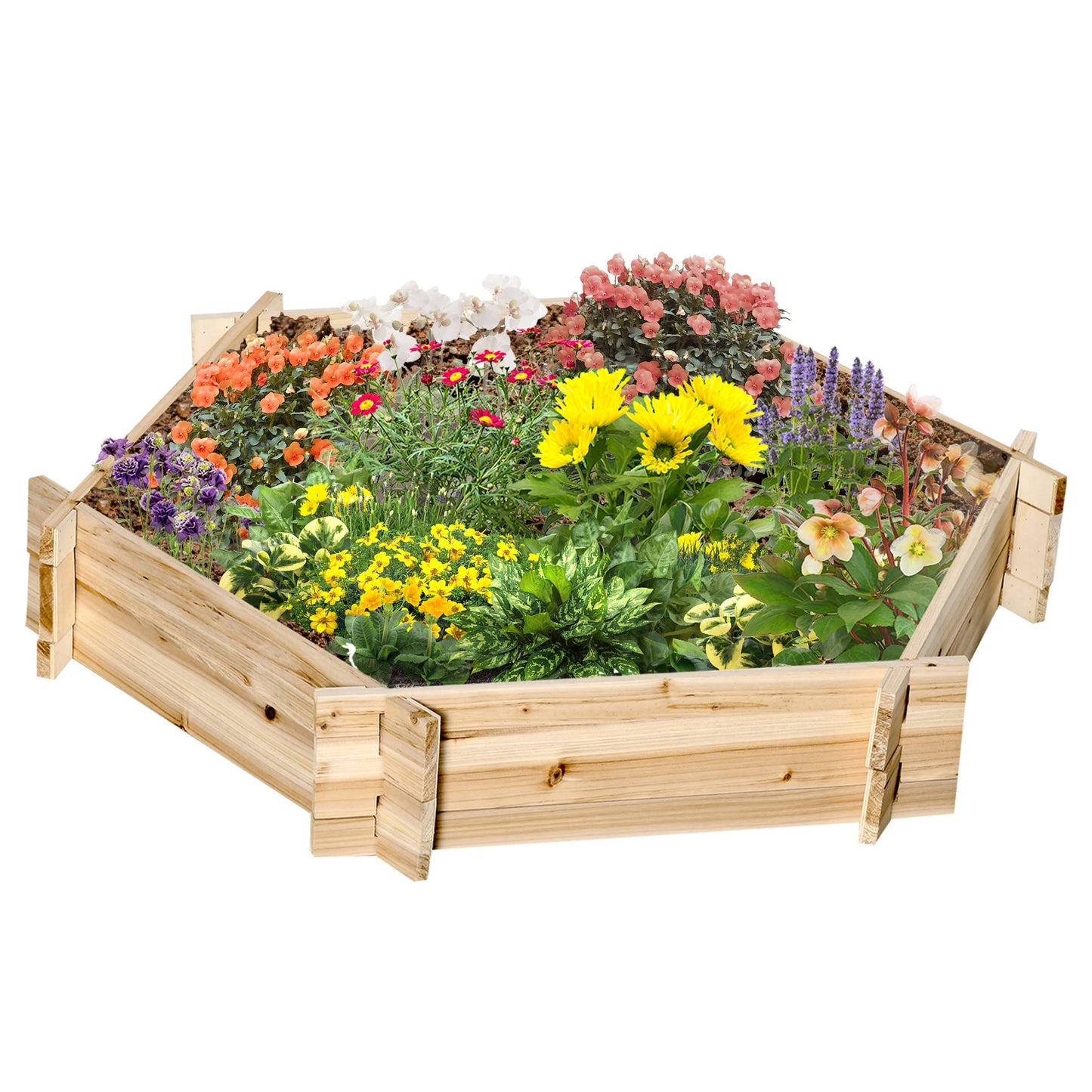 Outsunny Wooden Raised Garden Bed, Hexagon Screwless Planters for Outdoor Plants, Vegetables, Flowers, Herbs, 39" x 36" x 6", Natural Wood - WoodArtSupply