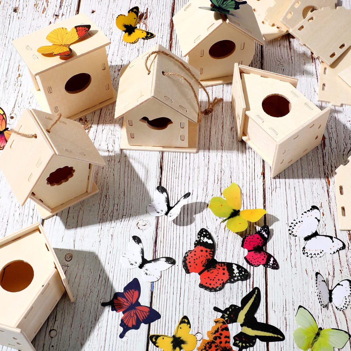 48 Wooden Bird House Kits for Children to Build, Wooden Birdhouse in 6 Shapes and 57 Stereoscopic Butterfly Sticker for Kids Party Art and Craft Kits Sawysine
