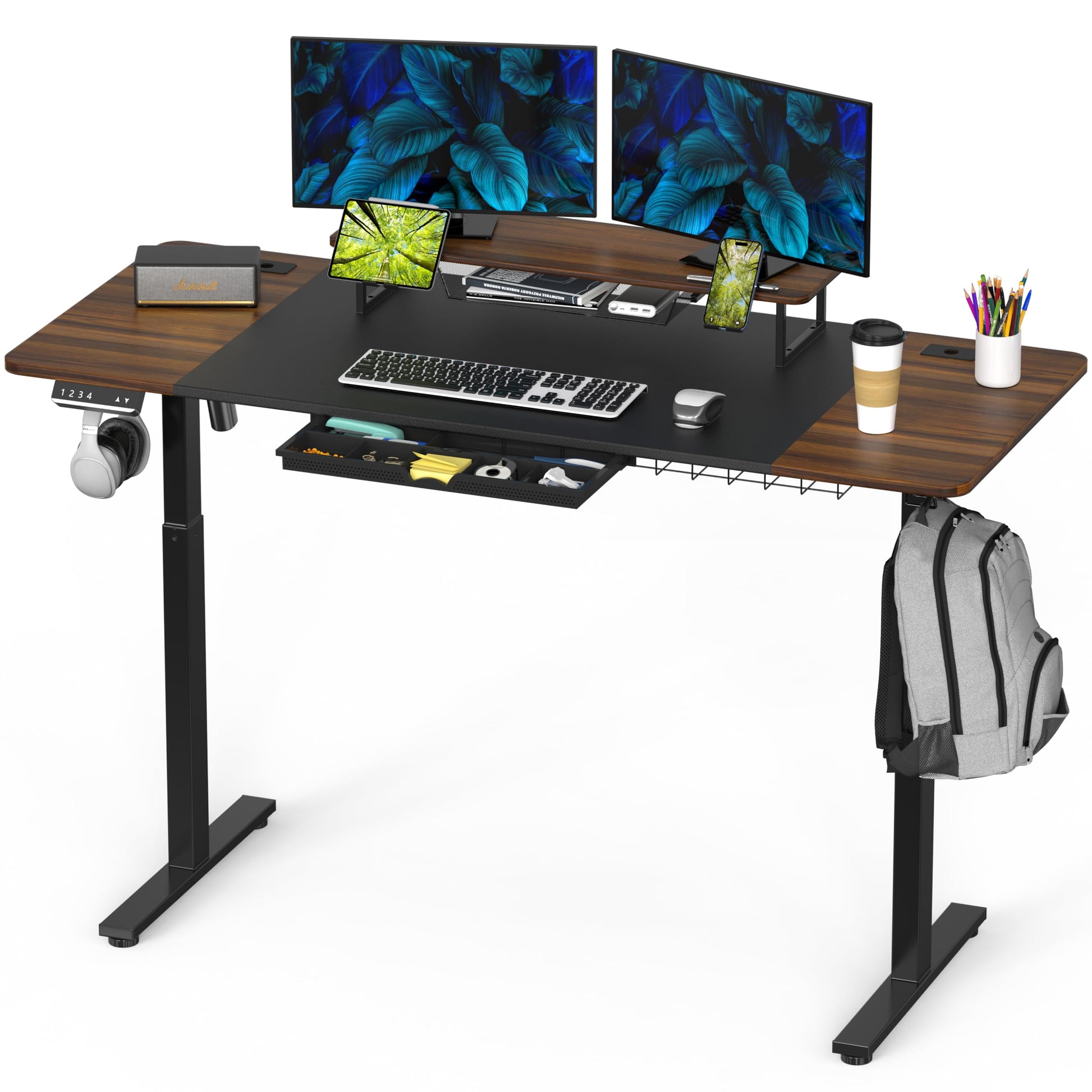 SHW 62-Inch Extra Large Electric Height Adjustable Standing Desk with Monitor Riser and Drawer, 62 x 28 Inches, Walnut - WoodArtSupply