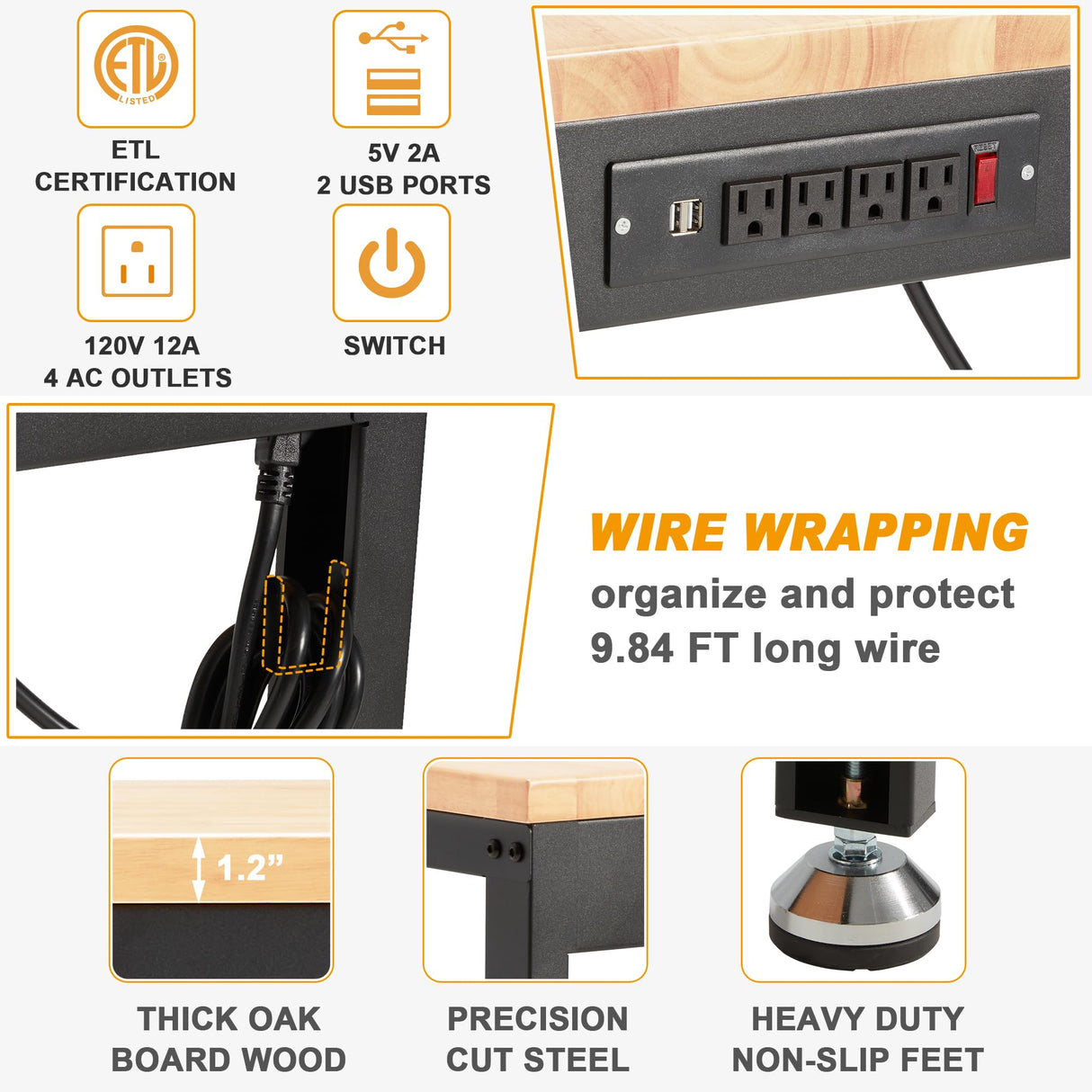 HABUTWAY Height Adjustable Workbench 60“ 2000 Lbs Capacity Oak Wood Work Station Heavy-Duty Work Benches with Power Outlets for Garage Party Shop HABUTWAY