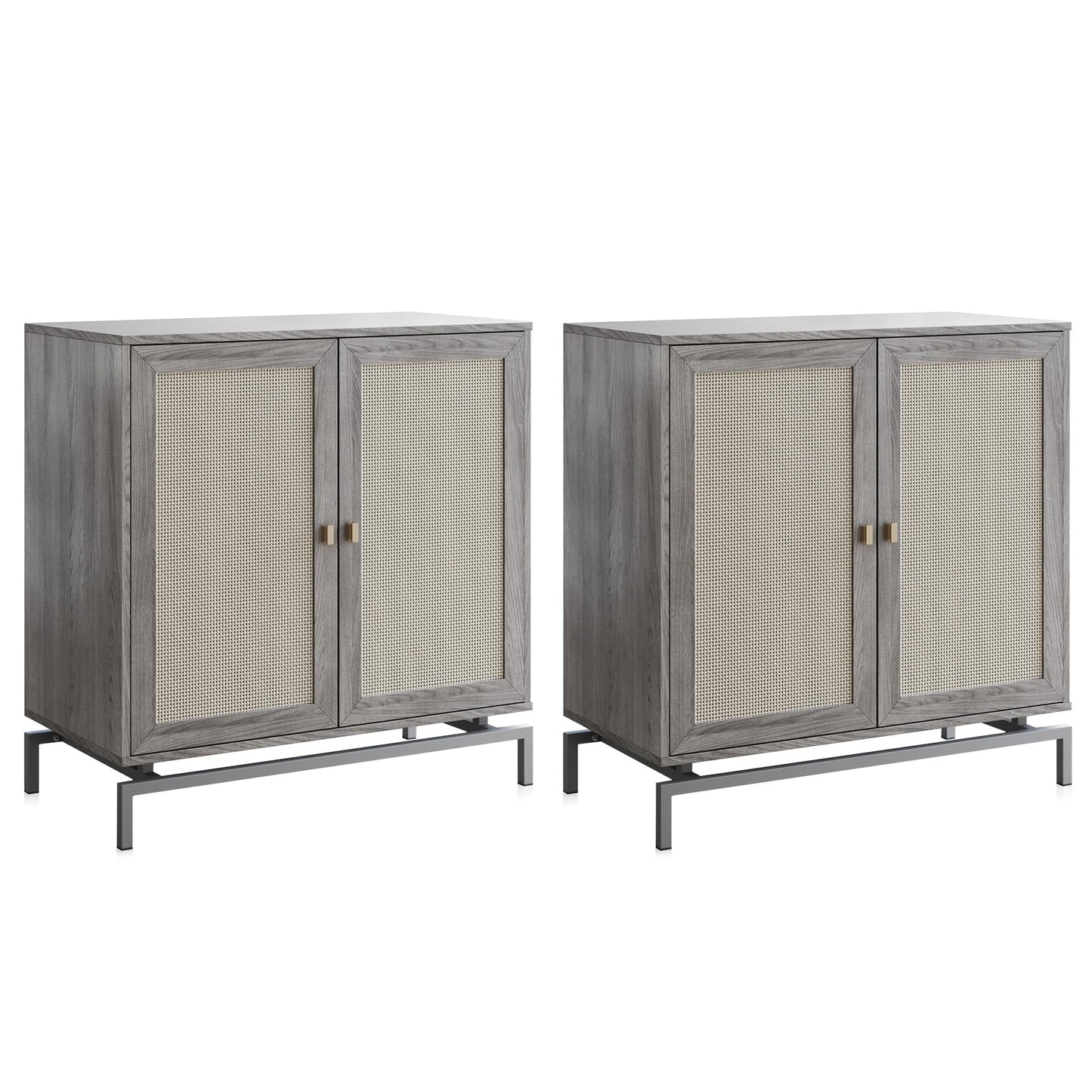 BELLEZE Sideboard Buffet Cabinet Set of 2, Storage Cabinet with Rattan Doors, Buffet Table with Metal Base and Adjustable Shelves Accent Cabinet