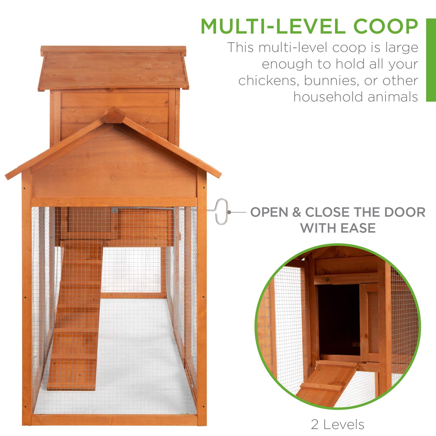 Best Choice Products 80in Outdoor Wooden Chicken Coop Multi-Level Hen House, Poultry Cage w/Ramps, Run, Nesting Box, Wire Fence, 3 Access Areas
