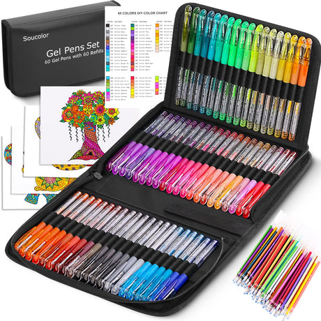 Soucolor Glitter Gel Pens for Adult Coloring Books, 120 Pack-60 Glitter Pens, 60 Refills and Travel Case, 40% More Ink Markers Set for Drawing Soucolor