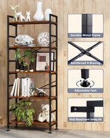 CosyStar Rustic Industrial 5-Tier Adjustable Bookcase with Metal Frame CosyStar