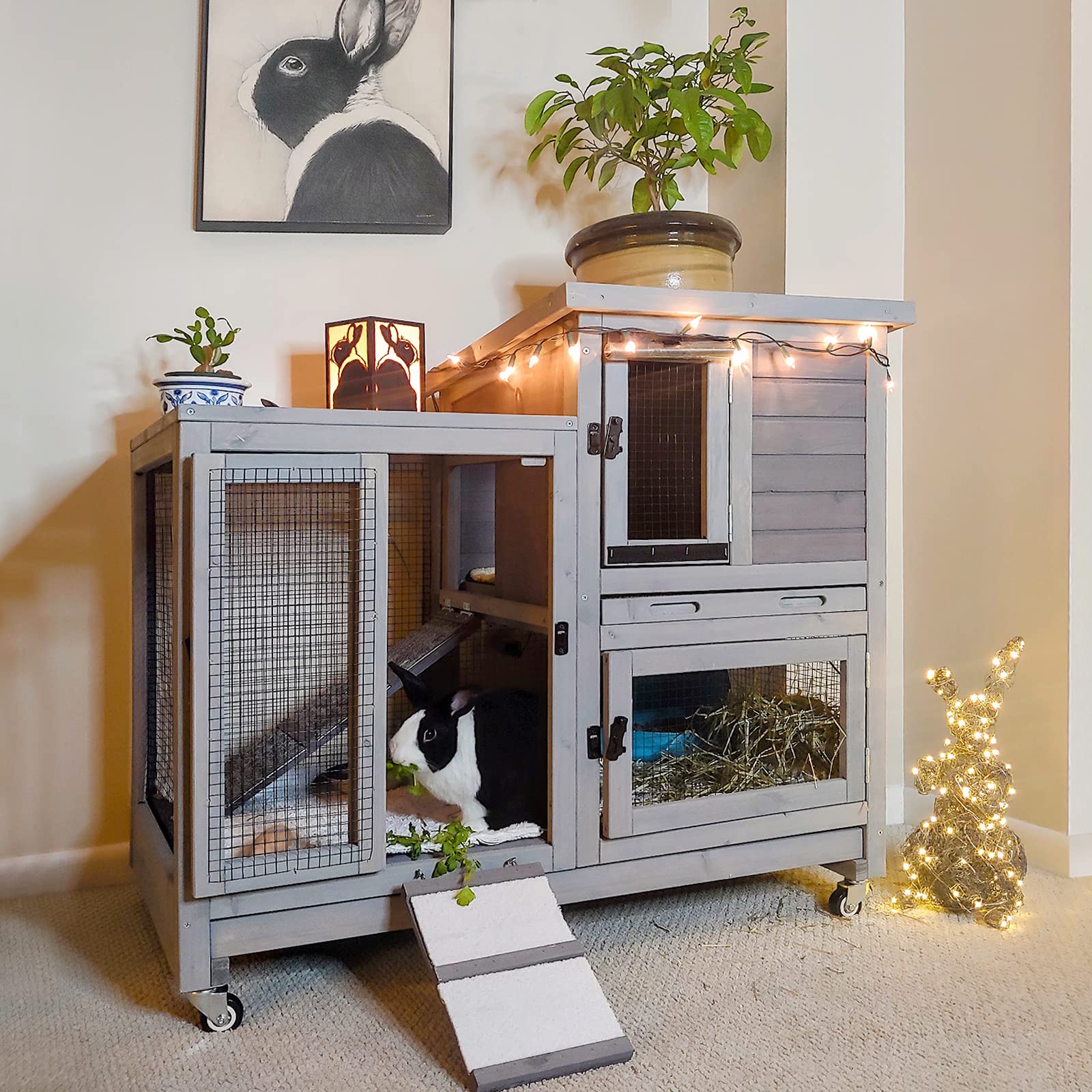 Aivituvin Wooden Bunny Hutch Indoor- Outdoor Rabbit Guinea Pig Cage for Small Animals with Exclusive Two Trays & Bottom Wire Mesh (Grey) - WoodArtSupply