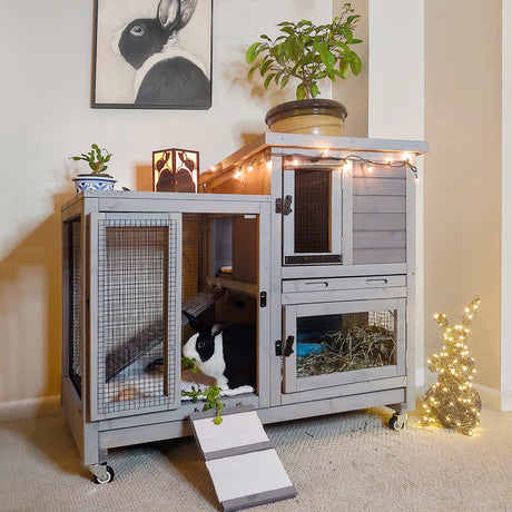 Aivituvin Wooden Bunny Hutch Indoor- Outdoor Rabbit Guinea Pig Cage for Small Animals with Exclusive Two Trays & Bottom Wire Mesh (Grey) Aivituvin