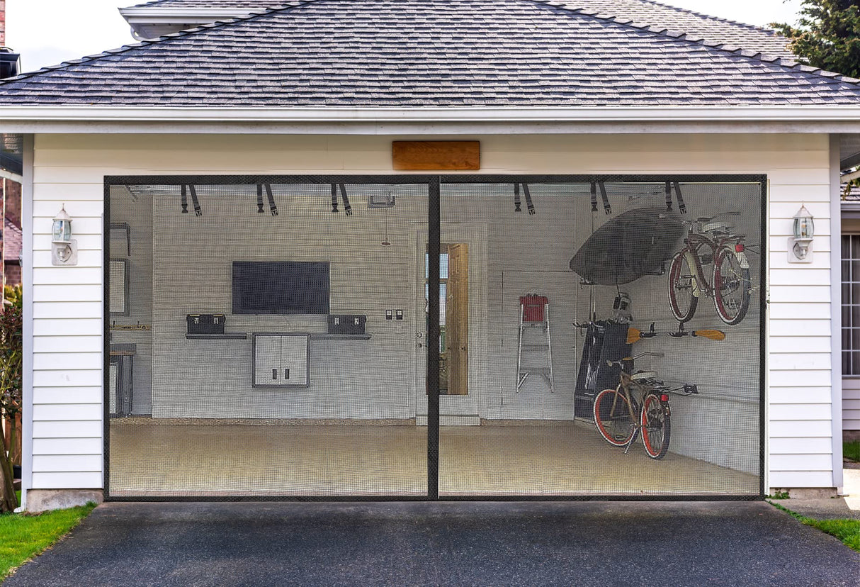 Garage Screen Doors for 2 Car Garage-16x7FT Fiberglass 2300g/5.1lb Durable Heavy Duty Magnetic Garage Door Screen Hands Free with 6 Roll Up Starps Elytsemoh