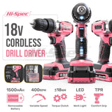 Hi-Spec 58pc Pink 18V Cordless Power Drill Driver, Bit Set & Case. Complete Home & Garage DIY Tool Hi-Spec