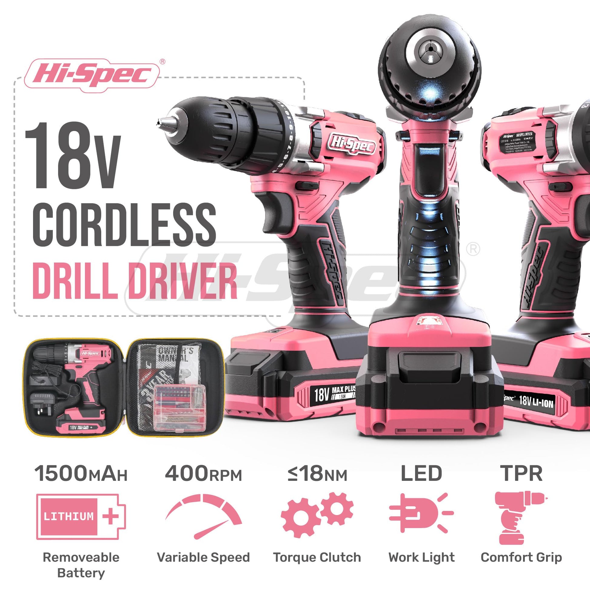 Hi-Spec 58pc Pink 18V Cordless Power Drill Driver, Bit Set & Case. Complete Home & Garage DIY Tool - WoodArtSupply