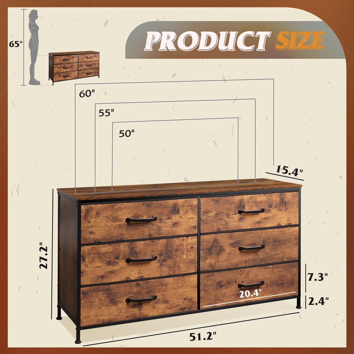 WLIVE Wide Fabric Dresser, 6 Drawer Dresser TV Stand for 60" TV, Dressers Bedroom Furniture Large Storage Tower Unit with Fabric Bins, Dresser for WLIVE