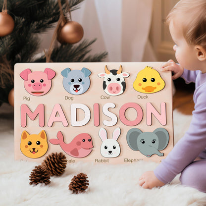 Animals Wooden Name Puzzle | Busy Board Puzzle | Toddler Toys | Baby Girl Gifts | Gift for Kids | Baby First Easter Present | Birthday Gift - WoodArtSupply