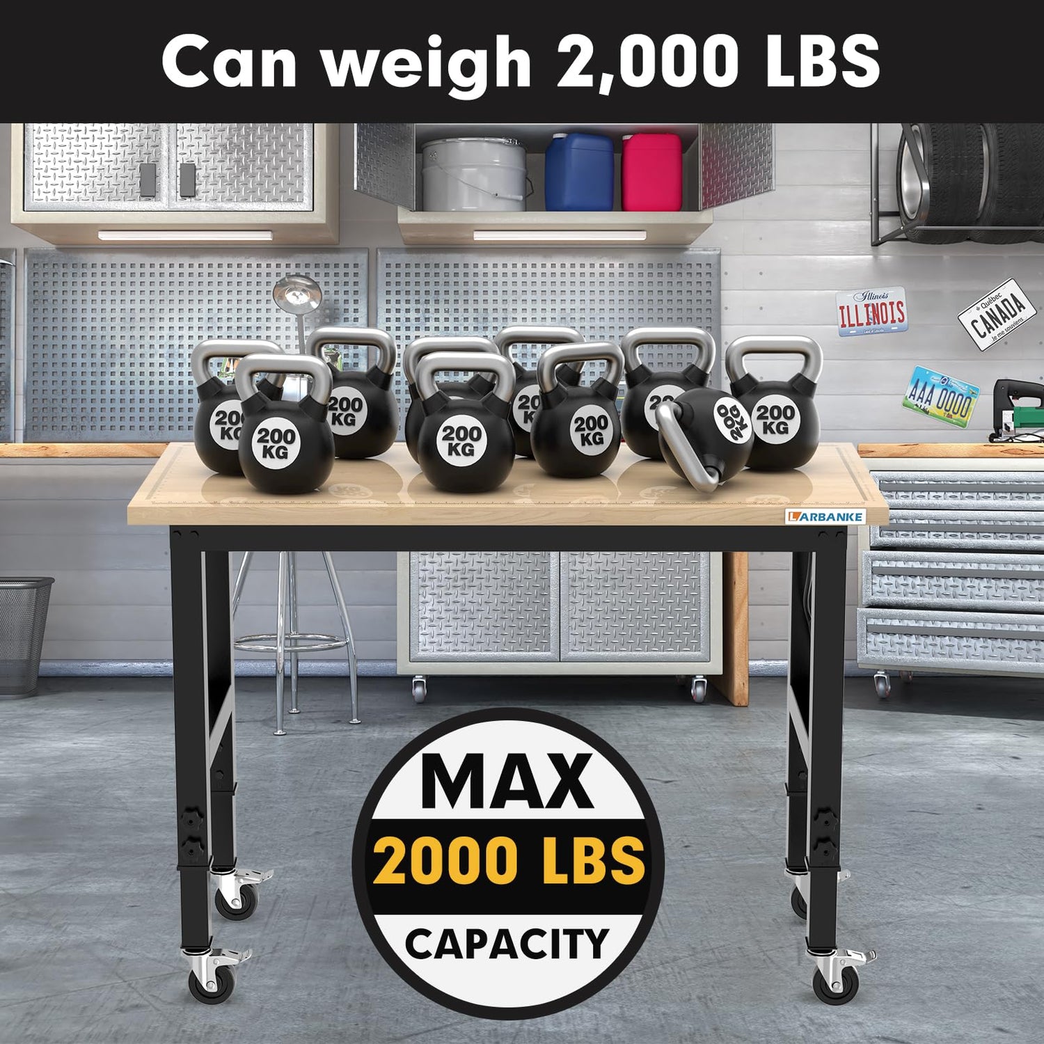 LARBANKE 48" Heavy-Duty Garage Workbench,Rubber Wood Workbench has Adjustable 5 Different Heights,Hardwood Worktable Weight Capacity Over 2000 LARBANKE