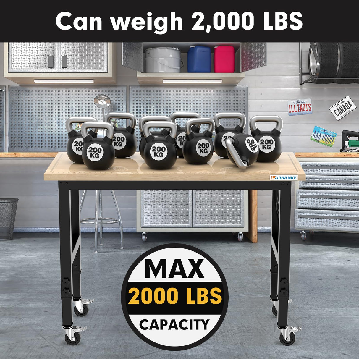 LARBANKE 48" Heavy-Duty Garage Workbench,Rubber Wood Workbench has Adjustable 5 Different Heights,Hardwood Worktable Weight Capacity Over 2000 LARBANKE