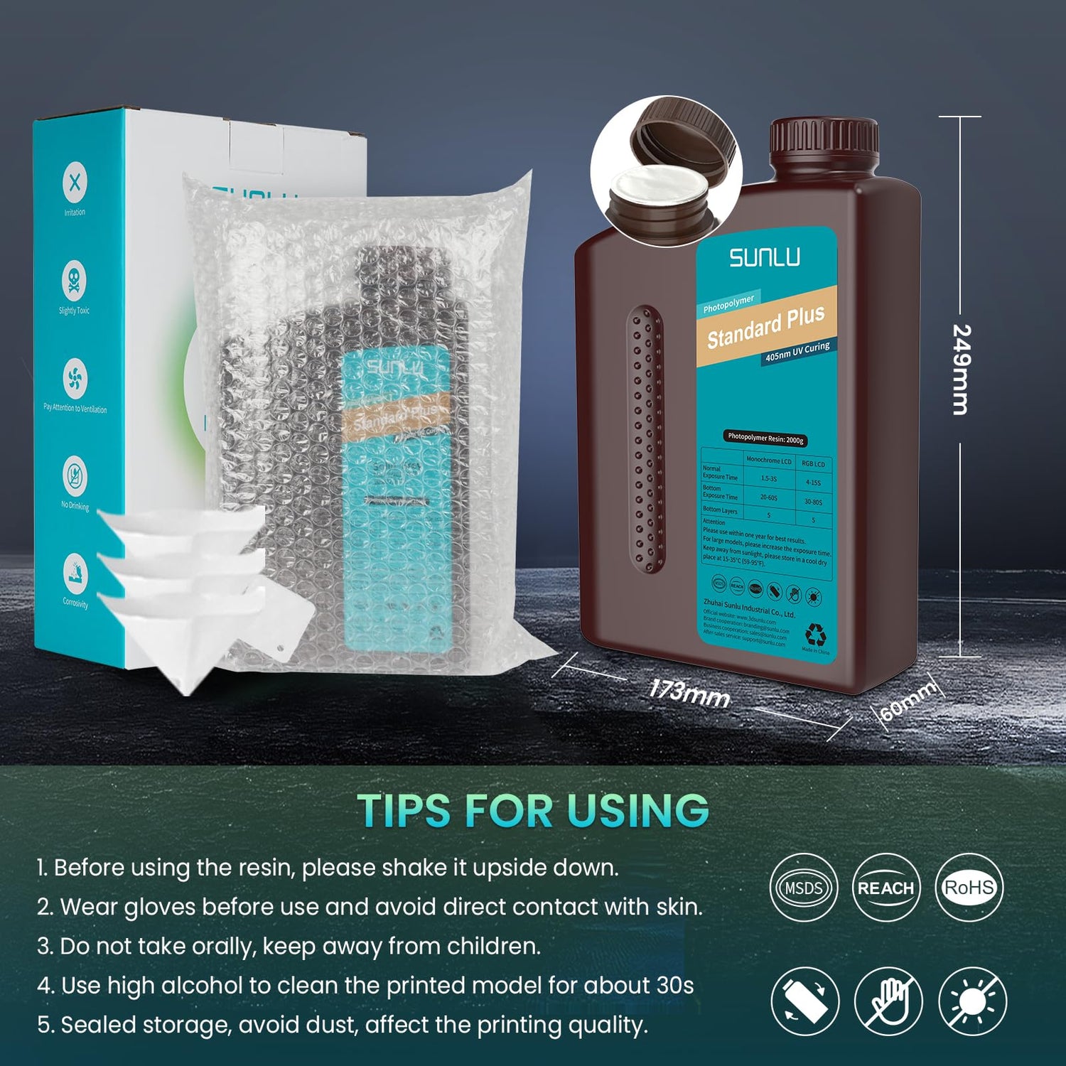 SUNLU 3D Printer Resin, Upgraded Standard Plus Fast Curing 3D Resin, 395 to 405nm UV Curing 3D Printing Liquid Photopolymer Resin, Higher Precision, SUNLU