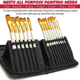 DUGATO Artist Paint Brush Set 15pcs Includes Pop-up Carrying Case with Painting Knife and 2 Sponges for Acrylic, Oil, Watercolor, Art, Scale Model, DUGATO