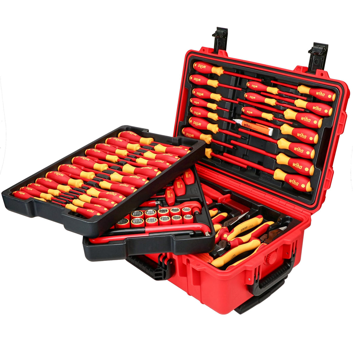 Wiha 32800 Insulated Tool Set with Screwdrivers, Nut Drivers, Pliers, Cutters, Ruler, Knife and Sockets in Rolling Tool Case, 10,000 Volt Tested and Wiha