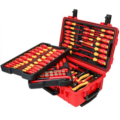 Wiha 32800 Insulated Tool Set with Screwdrivers, Nut Drivers, Pliers, Cutters, Ruler, Knife and Sockets in Rolling Tool Case, 10,000 Volt Tested and