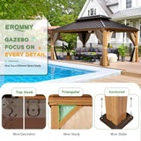 EROMMY 12' x 16' Gazebo, Wooden Finish Coated Aluminum Frame Canopy with Double Galvanized Steel Hardtop Roof, Outdoor Permanent Metal Pavilion with EROMMY