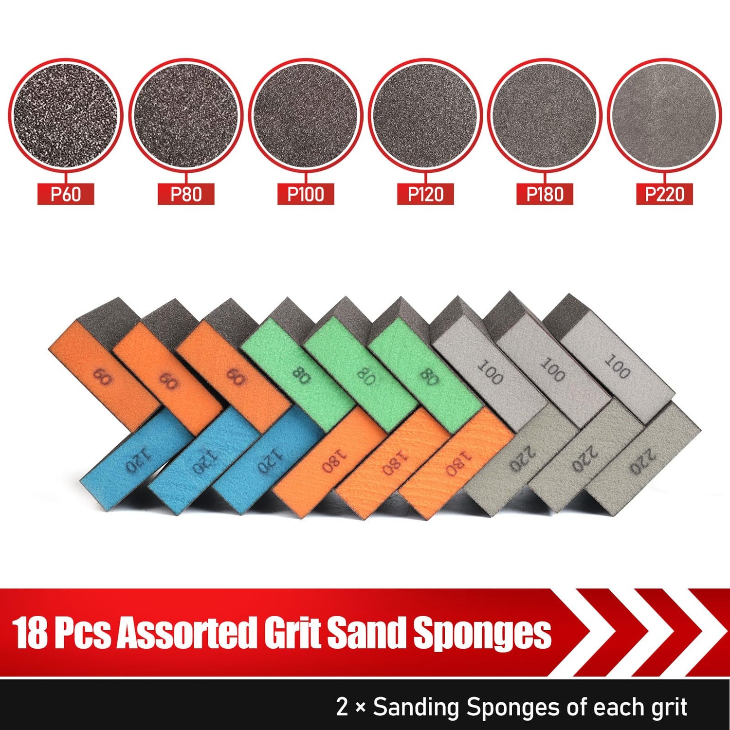 BOSHCRAFT 18 Pack Sanding Sponge, Washable and Reusable Sanding Block for Wood Drywall Metal Glasses Coarse/Medium/Fine/Superfine in 60/80/120/220 BOSHCRAFT