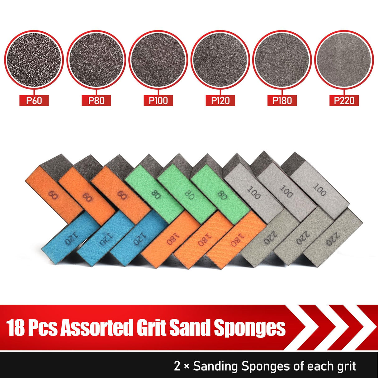 BOSHCRAFT 18 Pack Sanding Sponge, Washable and Reusable Sanding Block for Wood Drywall Metal Glasses Coarse/Medium/Fine/Superfine in 60/80/120/220 BOSHCRAFT