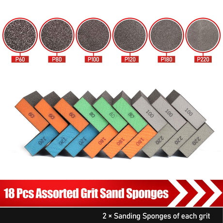 BOSHCRAFT 18 Pack Sanding Sponge, Washable and Reusable Sanding Block for Wood Drywall Metal Glasses Coarse/Medium/Fine/Superfine in 60/80/120/220 BOSHCRAFT