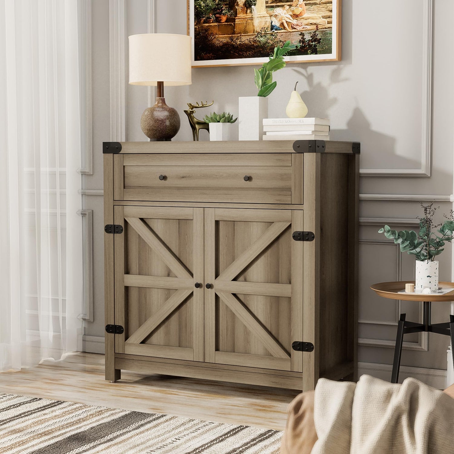 JUMMICO Coffee Bar Cabinet Farmhouse Kitchen Sideboard Buffet Cabinet with Drawer and Adjustable Shelf Barn Door Storage Cabinet for Kitchen, Dining JUMMICO