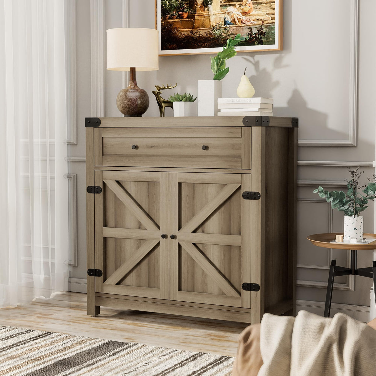 JUMMICO Coffee Bar Cabinet Farmhouse Kitchen Sideboard Buffet Cabinet with Drawer and Adjustable Shelf Barn Door Storage Cabinet for Kitchen, Dining JUMMICO