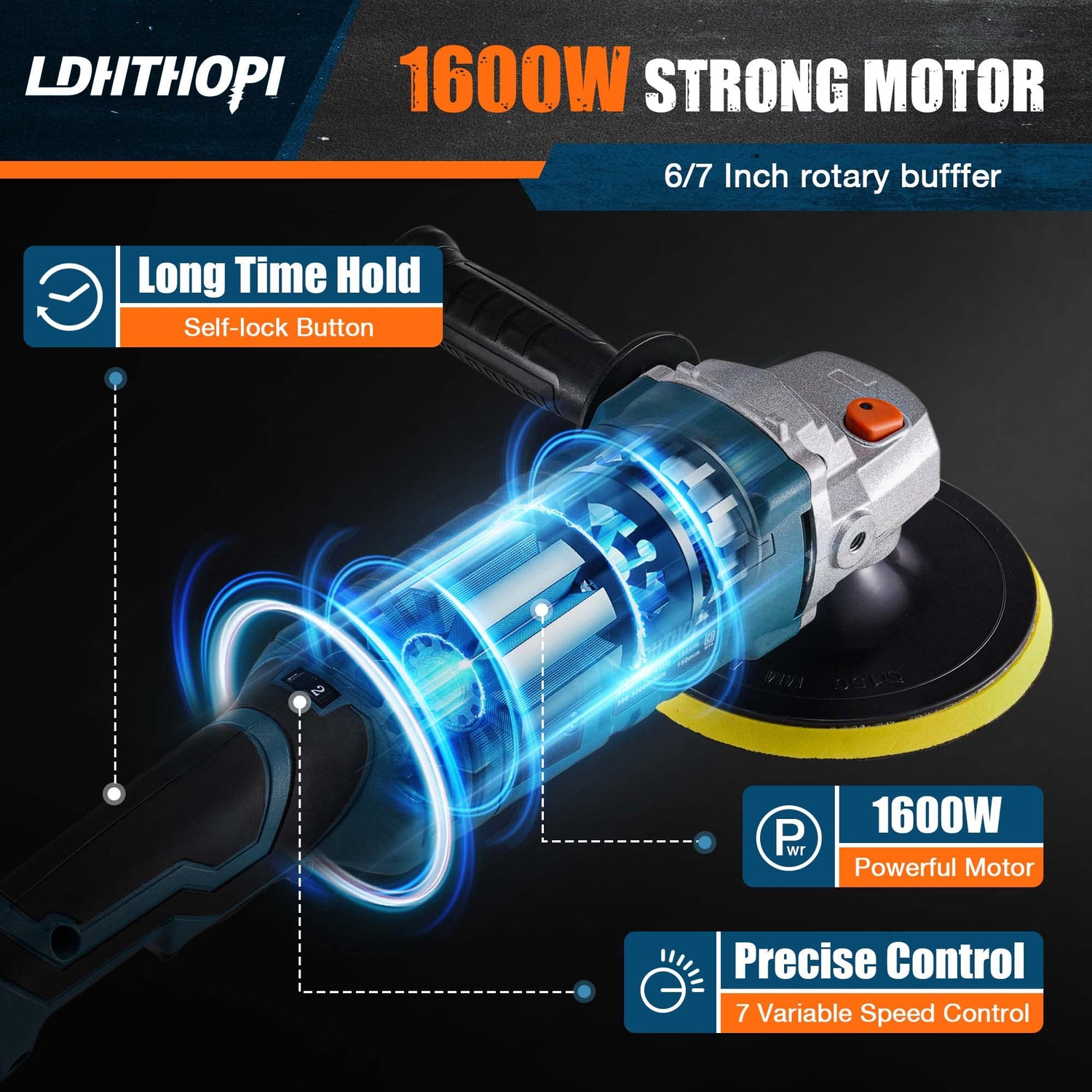 LDHTHOPI Buffer Polisher, 1600W 7 Inch/6 Inch Rotary Buffer Polisher Waxer, 7 Variable Speed 1000-3500 RPM, Detachable Handle for Car, Boat Sanding, LDHTHOPI