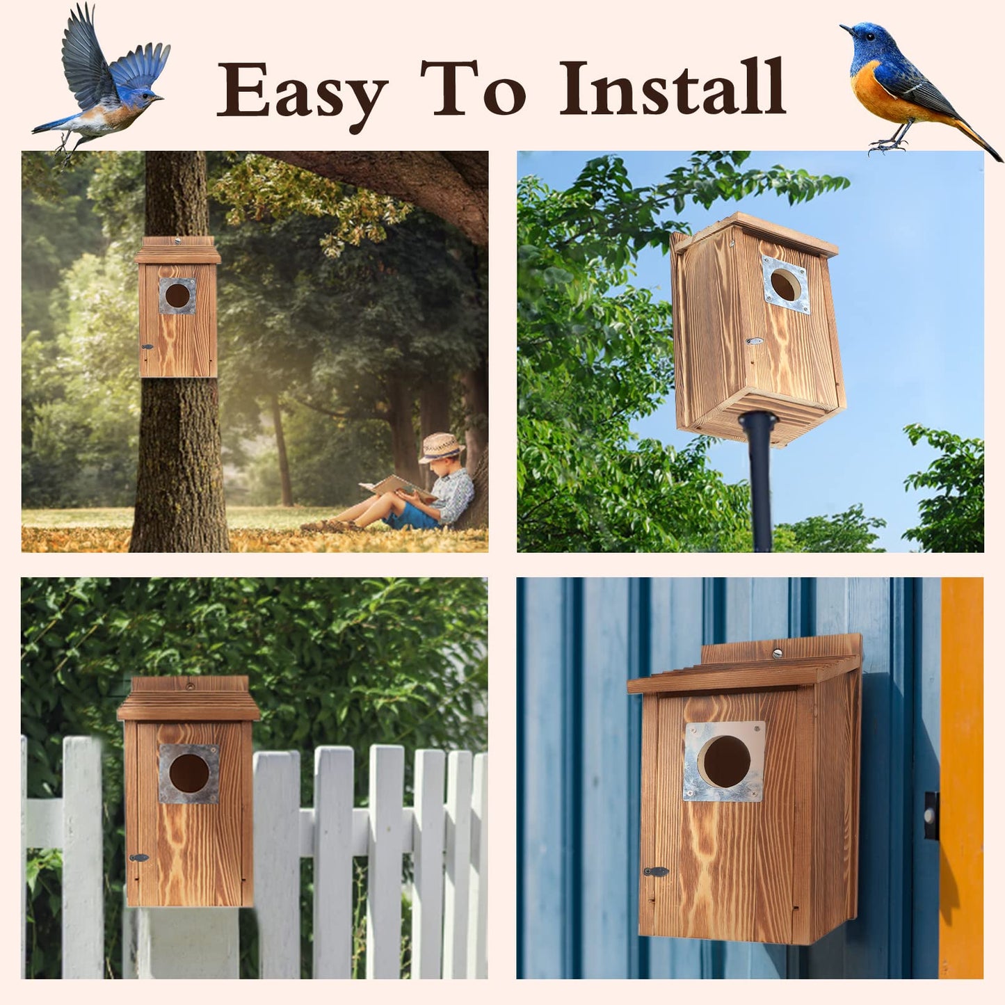 Bird Houses for Outside with Metal Predator Guard for Bluebird Wren Swallow Finch, Carbonized Wooden Nesting Boxes for Outdoor, Sturdy Bird - WoodArtSupply