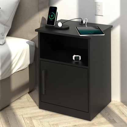 🔥PrimeZone Modern Nightstand with 3 USB Ports -Waterproof Bedside Table with Cabinet & Open Storage, Night Stand with Charging Station, End Side