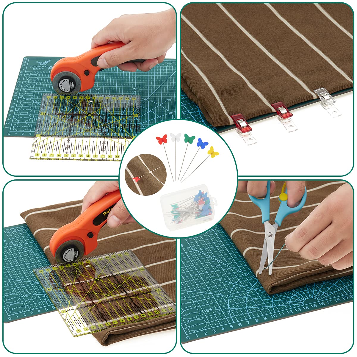 welltop Rotary Cutter Set, 96 PCS Quilting Kit 45mm Fabric Cutters Kit with 5 Extra Blades A4 Cutting Mat Acrylic Ruler Carving Knife Craft Clips Welltop