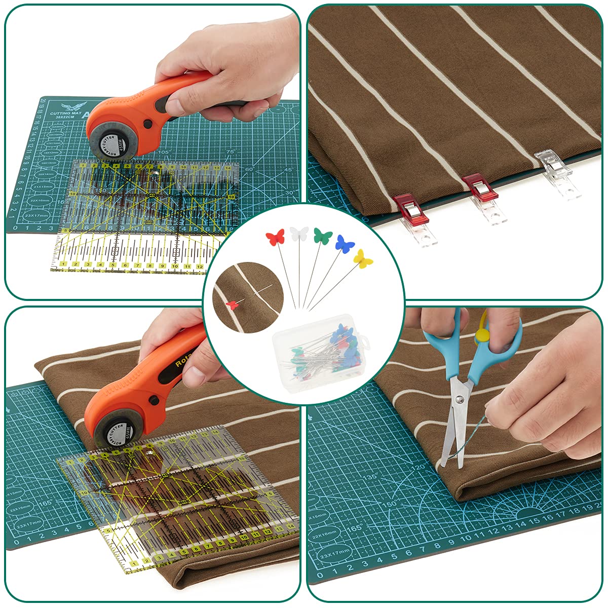 Nicecho Rotary Cutter Set,Sewing Quilting Supplies,45mm Fabric Cutters,A3 Cutting Mat for Sewing,Acrylic Rulers,Scissors,Exacto Knife,Clips
