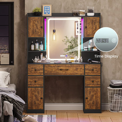 Tiptiper Makeup Vanity with Lights & Charging Station, Vanity Table with Time Display Mirror, Ambient Light, Storage Cabinets, Rustic Brown and Black - WoodArtSupply