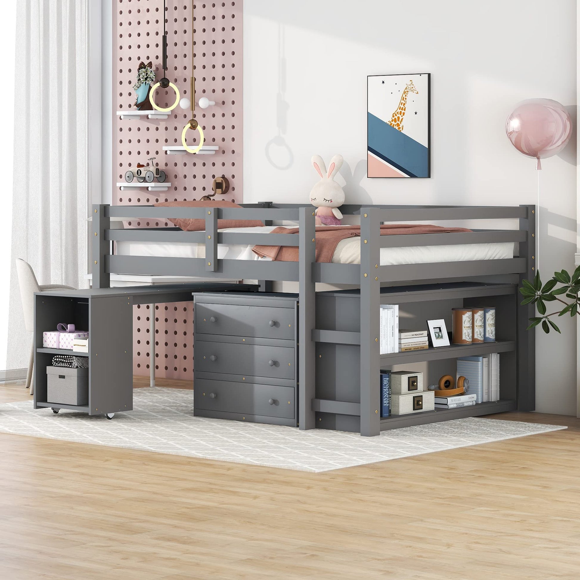 Modern Low Full Loft Bed with Integrated Desk, Dresser, and Storage for Kids by Bellemave - WoodArtSupply