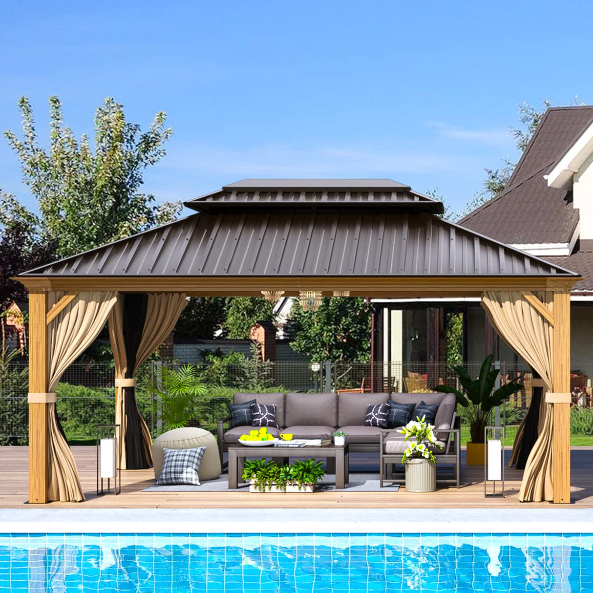 EROMMY 12' x 16' Gazebo, Wooden Finish Coated Aluminum Frame Canopy with Double Galvanized Steel Hardtop Roof, Outdoor Permanent Metal Pavilion with EROMMY