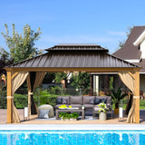 EROMMY 12' x 16' Gazebo, Wooden Finish Coated Aluminum Frame Canopy with Double Galvanized Steel Hardtop Roof, Outdoor Permanent Metal Pavilion with EROMMY