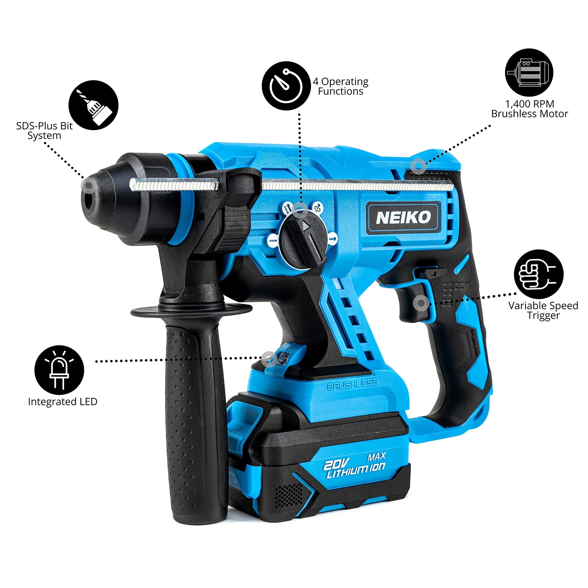 NEIKO 10882A Cordless Rotary Hammer Drill, Includes 20-Volt Li-ion Rechargeable Battery, Fast Charger, SDS Plus Hammer Drill, Heavy Duty Brushless - WoodArtSupply