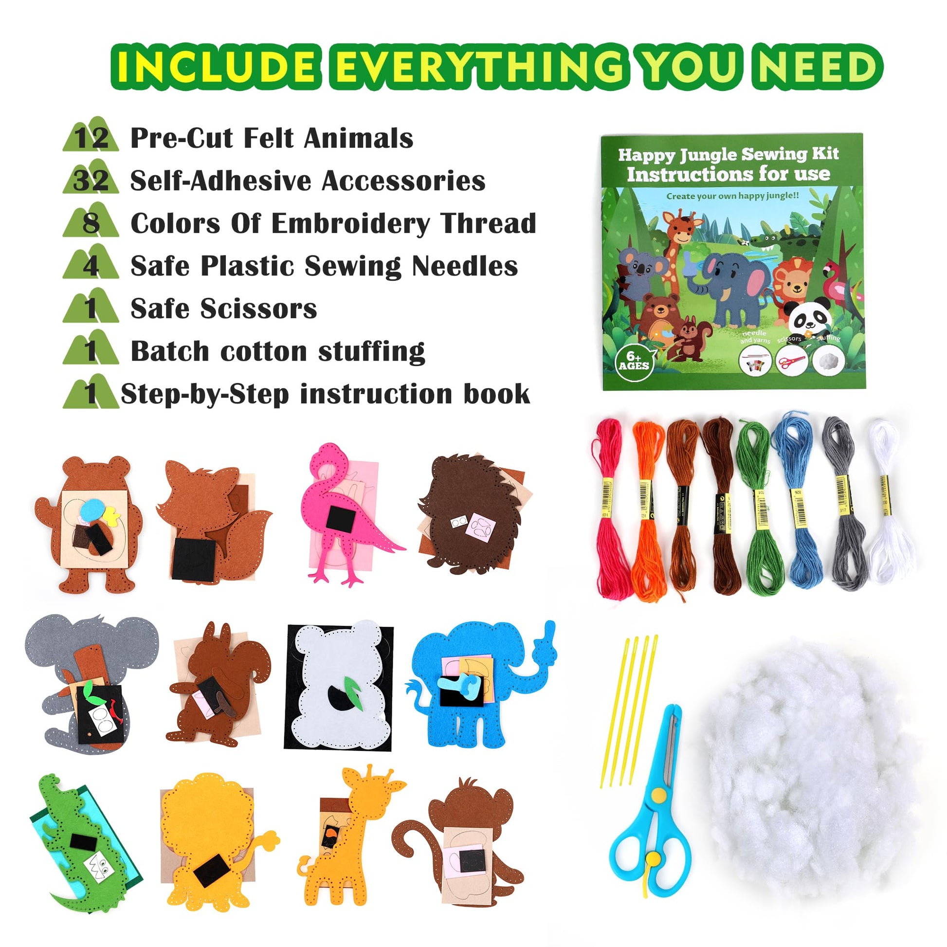 YEETIN Sewing Kit for Kids Ages 6+, Beginner Felt Sewing Craft Kit, DIY Jungle Stuffed Animals Making Set, Art Projects for Girls Toys, Learn to Sew - WoodArtSupply