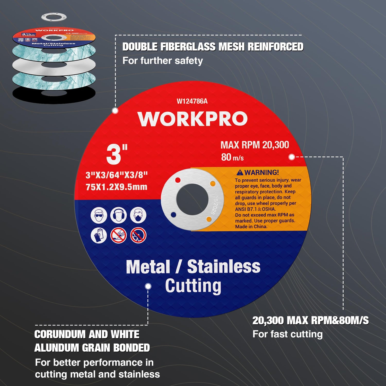 WORKPRO 20-Pack Cut-Off Wheels, 3 X 3/8-inch Metal&Stainless Steel Cutting Wheel, Thin Metal Cutting Disc for Angle Grinder WORKPRO