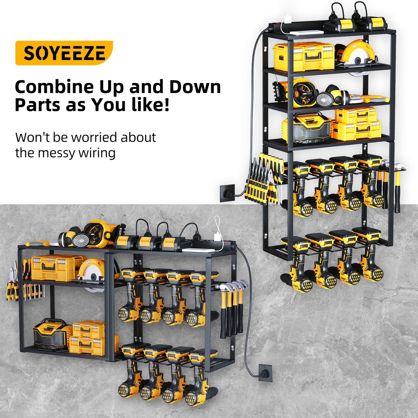 SOYEEZE Power Tool Organizer with Charging Station- Garage 8 Drill Holder Built in 8 Outlet Power Strip (THE DOU)
