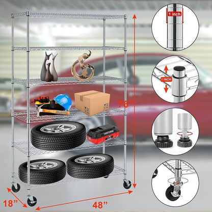 TYNB, Metal Storage Rack 6000 Lbs Capacity, 6 Tier Metal Shelf with Wheels 48In L×18In W×76In H NSF Height Adjustable Movable Heavy Duty Wire