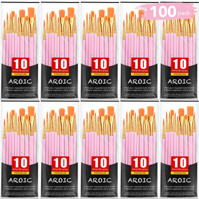AROIC Painting Brushes Set, 10 Packs /100 Pieces, Nylon Brush Head, Suitable for Oil and Watercolor, Perfect Suit of Art Painting, Best Gift for
